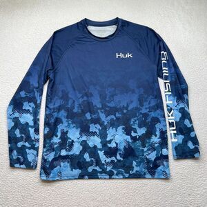 Huk Performance Fishing Shirt Mens M Blue Lightweight Long Sleeve Stretch Logo